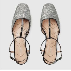 Gucci Double G t-Strap Silver Glitter Ballerina Ballet Flat